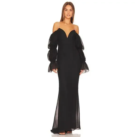 Katie May Estella Gown Maxi Dress Off The Shoulder Chiffon Ruffle Black Size XS